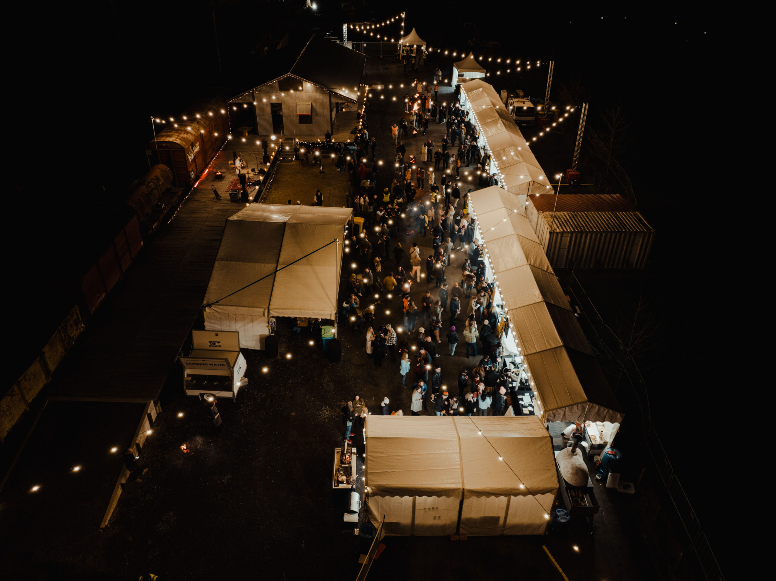 Aerial shot of event site at Fireside Winter Twilight Market
