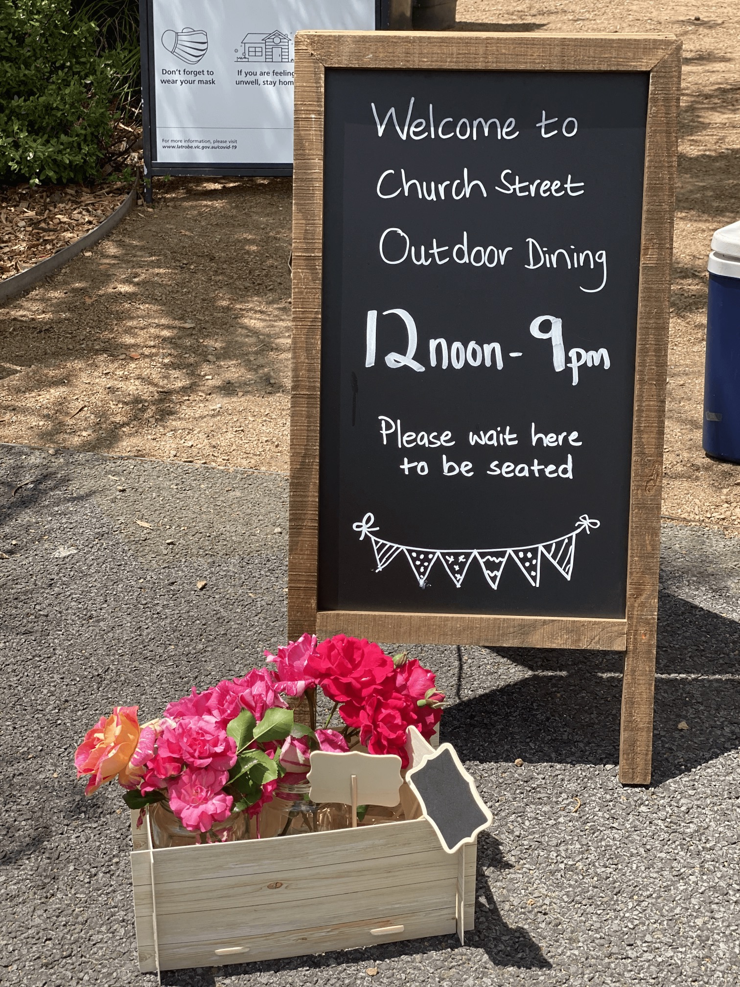 Chalkboard with event details on Latrobe City Council Outdoor Dining Initiative October 2020