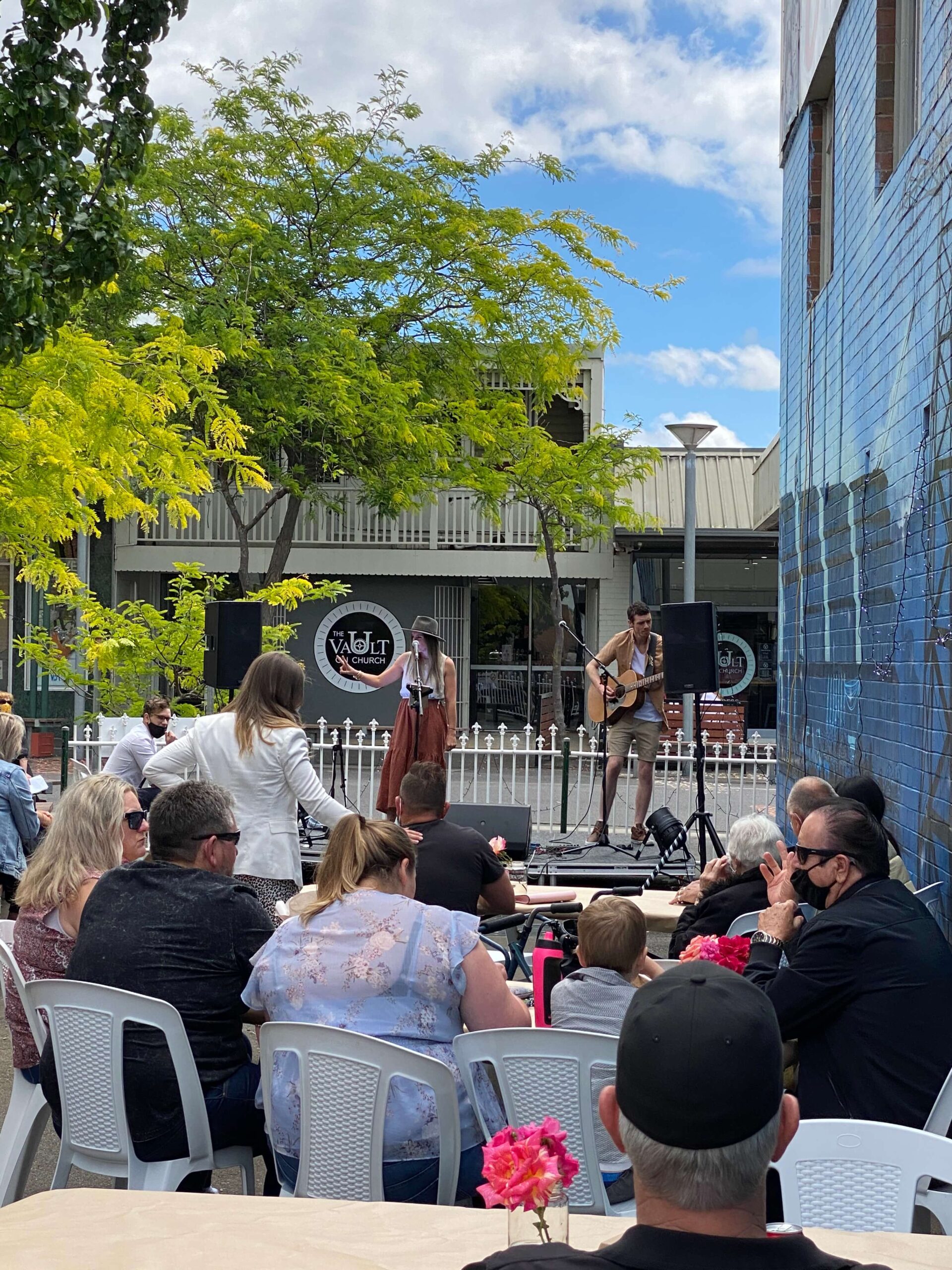 People enjoy Music performance at Church Street Outdoor Dining Initiative October 2020