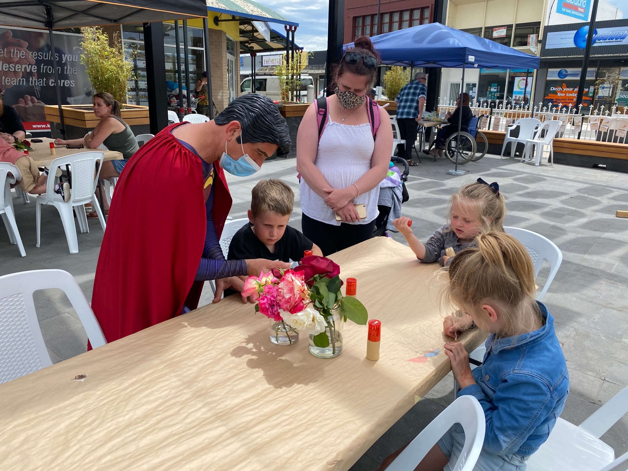 Kids interact with Superman at Latrobe City Council Outdoor Dining Initiative October 2020